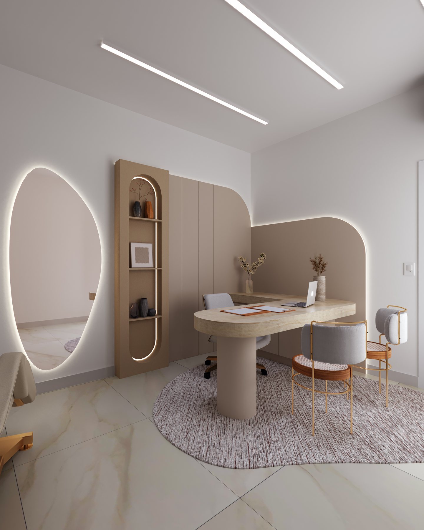 Sala de atendimento com linhas curvas e tons suaves