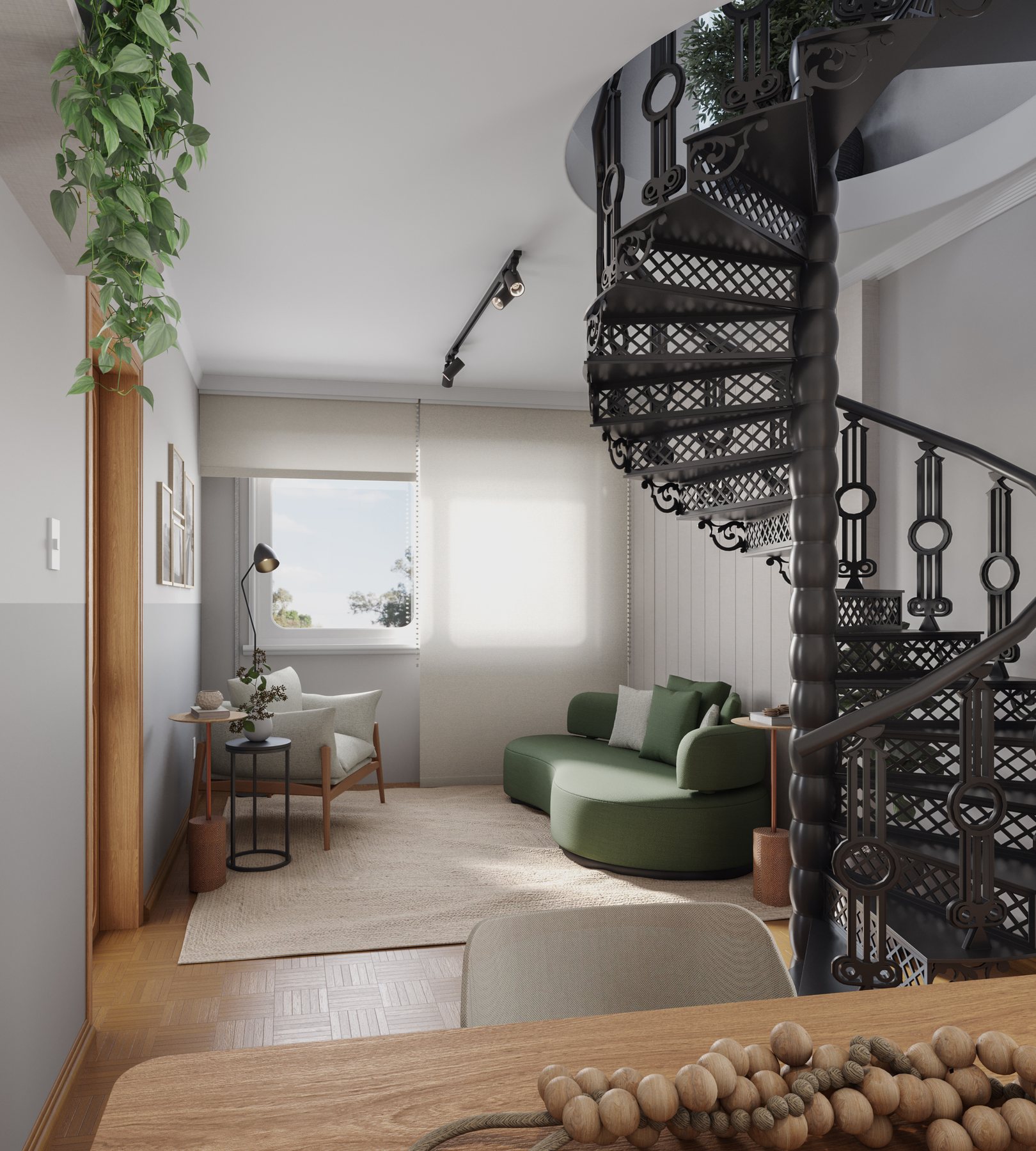 Estar junto à escada no apartamento com terraço